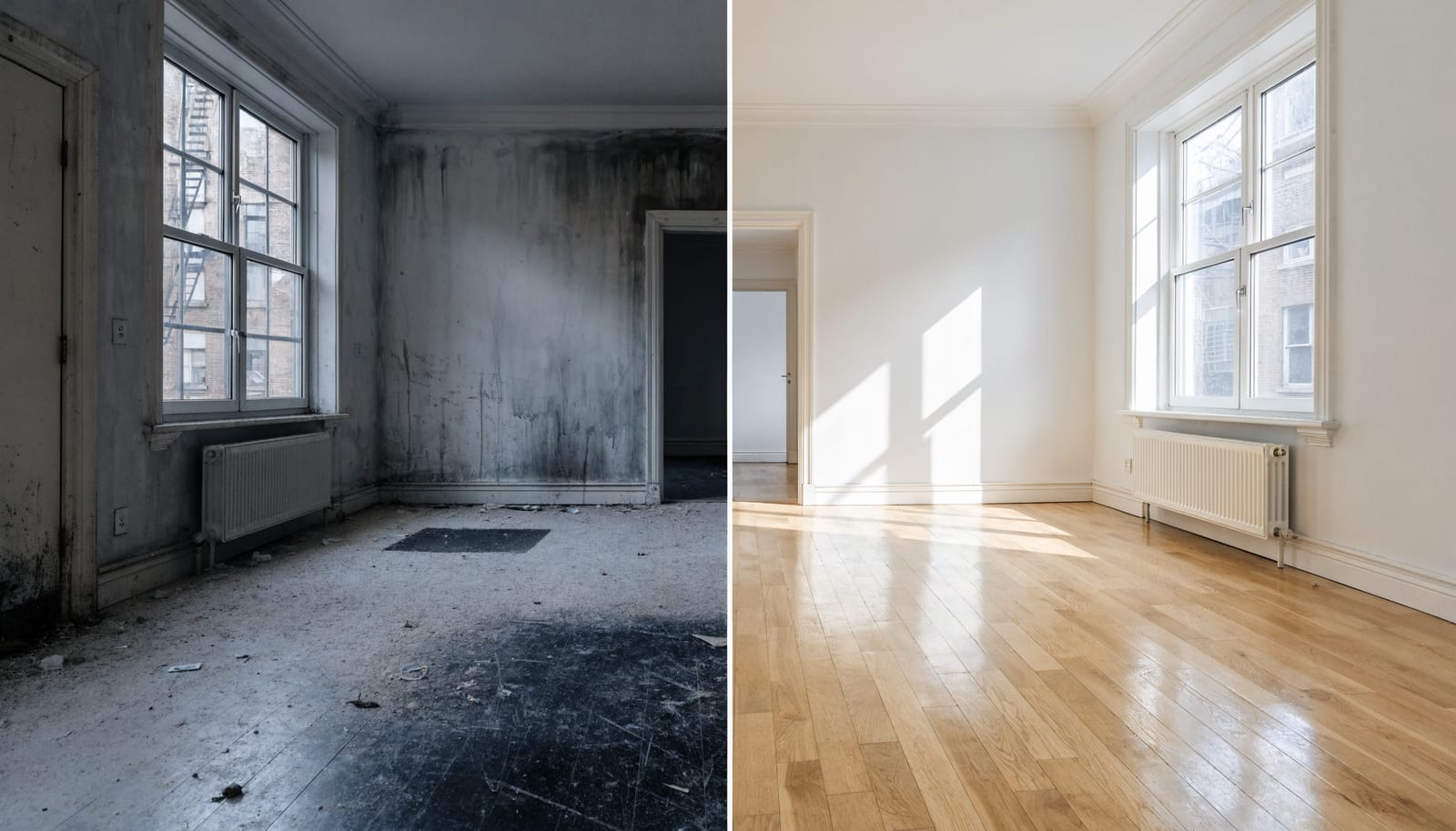 Split image of a rental unit. Left: the unit as the previous tenant left it, with marks and residue on surfaces. Right: the same unit after turnover cleaning, empty, clean and ready for the next tenant.
